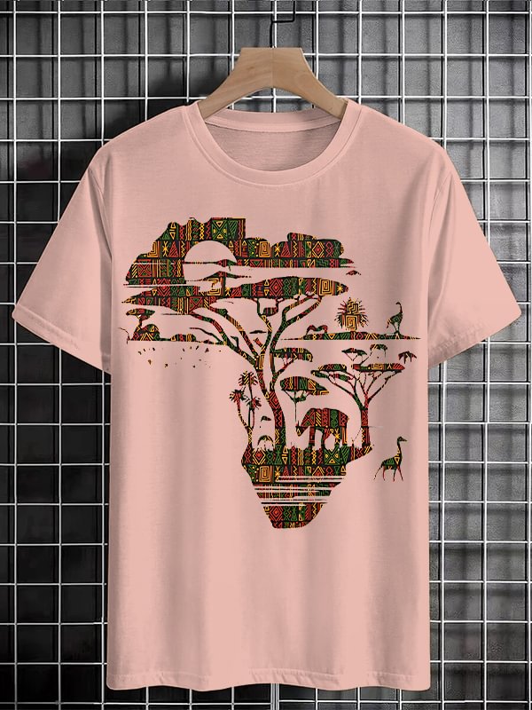 Men's Africa Map Silhouette Traditional Pattern Plains Animal Silhouettes Print Cotton Casual T-Shirt