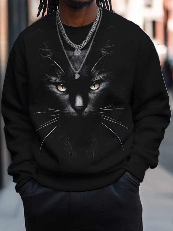 Men's Black Cat Facial Art Print Casual Sweatshirt