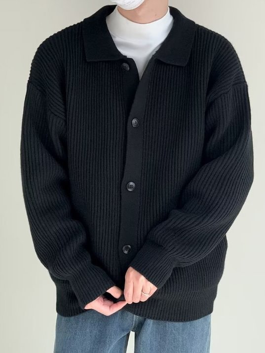 Men's Turndown Collar Solid Color Loose Long Sleeve Knitted Sweater Jacket