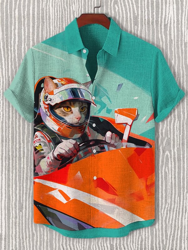 Men's Cool Cat Racer Art Print Casual Shirt