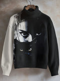 Women's The Woman And A Black Cat With Deep Eyes Print High Neck Knit Sweatshirt