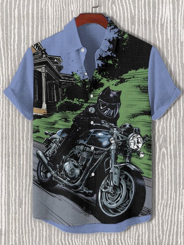 Men's Cat Riding A Motorcycle Art Print Short Sleeve Shirt