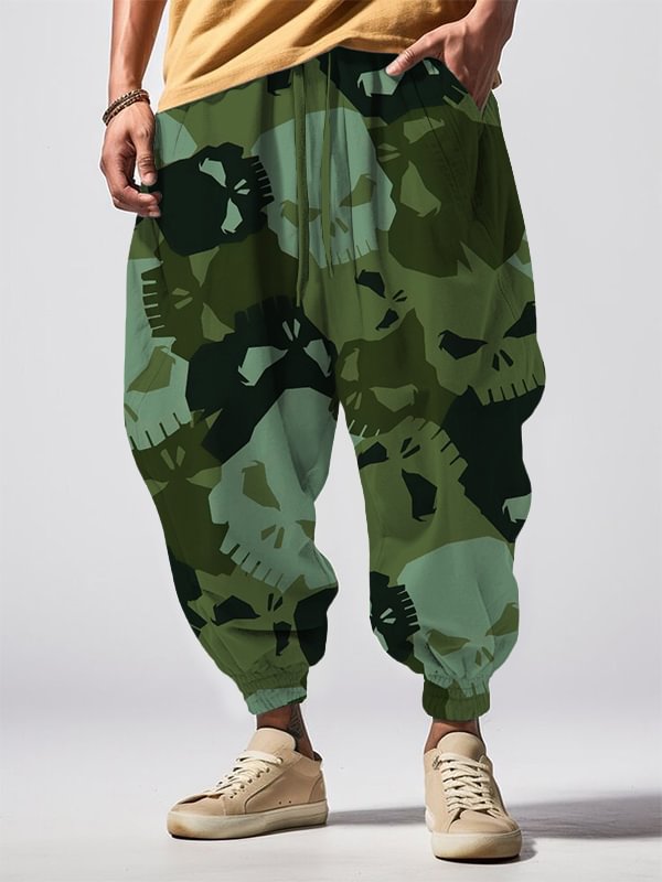 Men's Skull Camouflage Print Loose Drawstring Waist Sweatpants