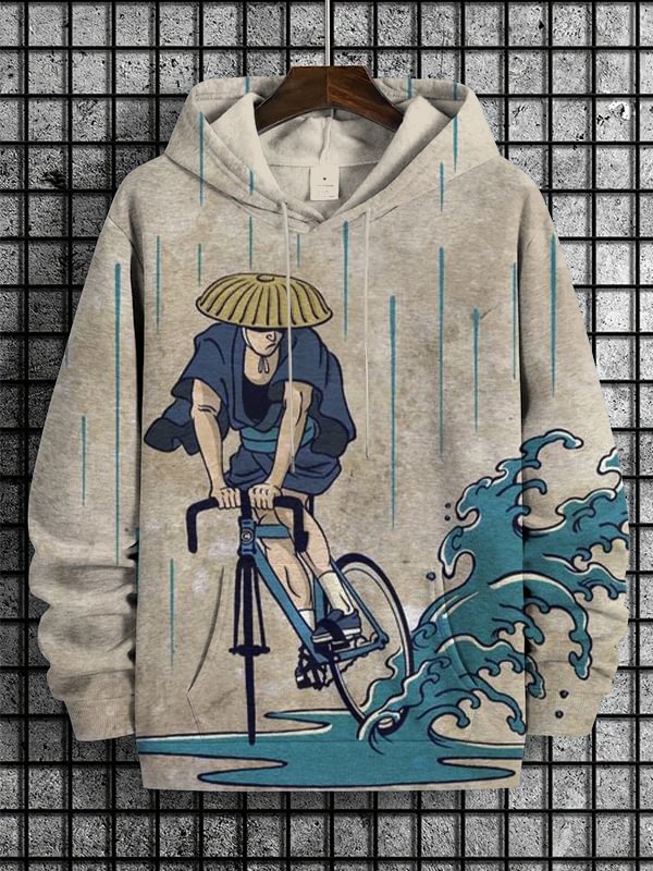 Men's Bicycle Riding Fun Japanese Art Print Hooded Sweatshirt