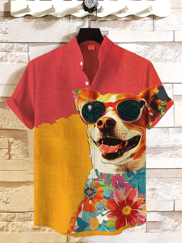 Men's Happy Dog Art Sunglasses Painting Print Linen Blend Shirt