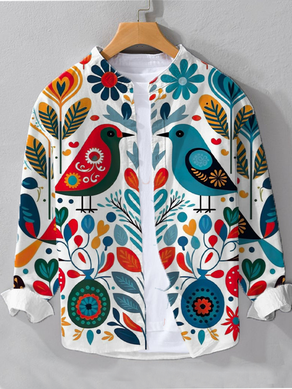 Men's Birds Flowers Plants Ethnic Patterns Art Print Long Sleeve Shirt