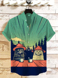 Men's Cats Chilling In Nature With Coffee Print Linen Blend Shirt