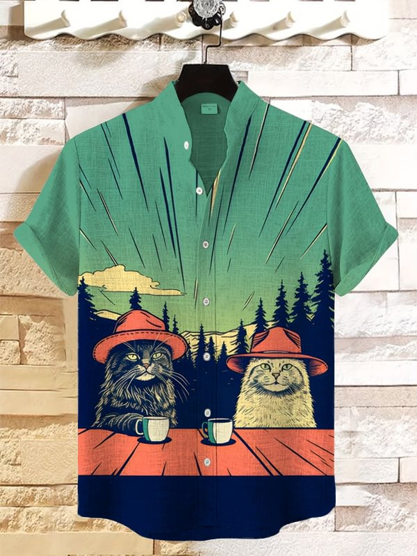 Men's Cats Chilling In Nature With Coffee Print Linen Blend Shirt