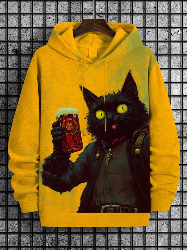 Men's Exploration Cat Cheers Oil Painting Art Print Casual Hoodie