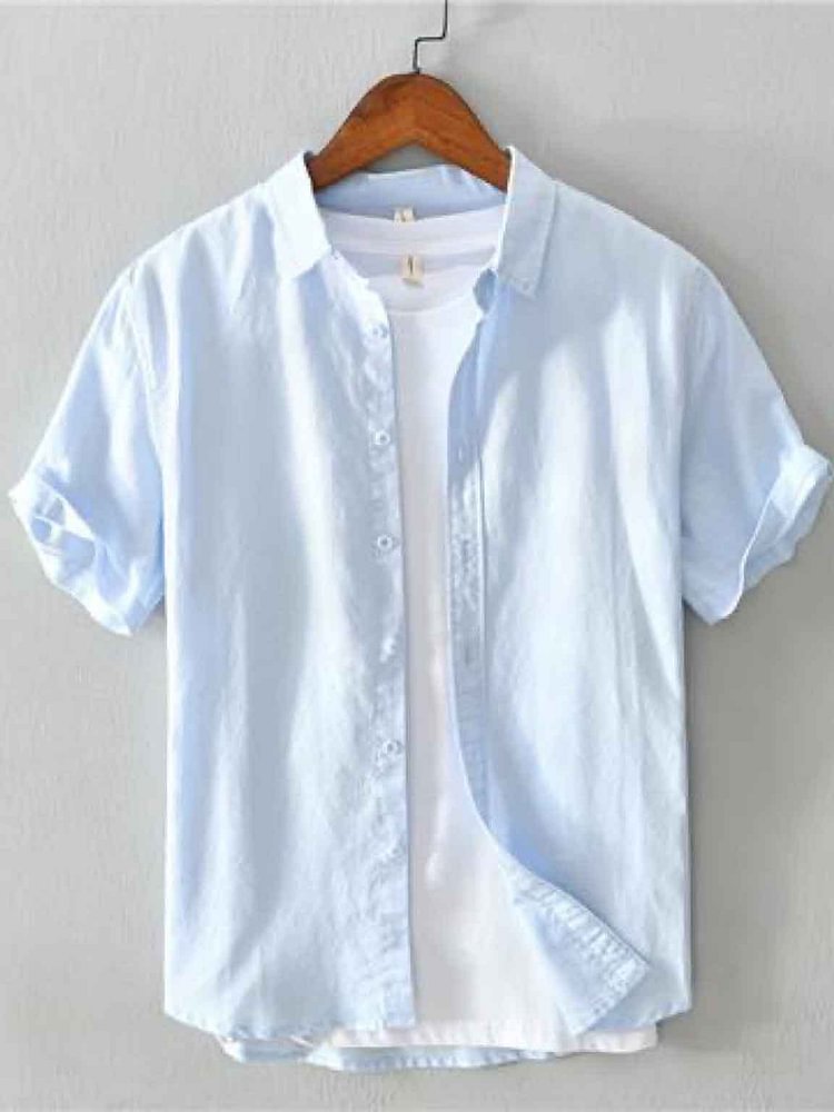 Men's Solid Color Turndown Collar Short Sleeve Linen Shirt