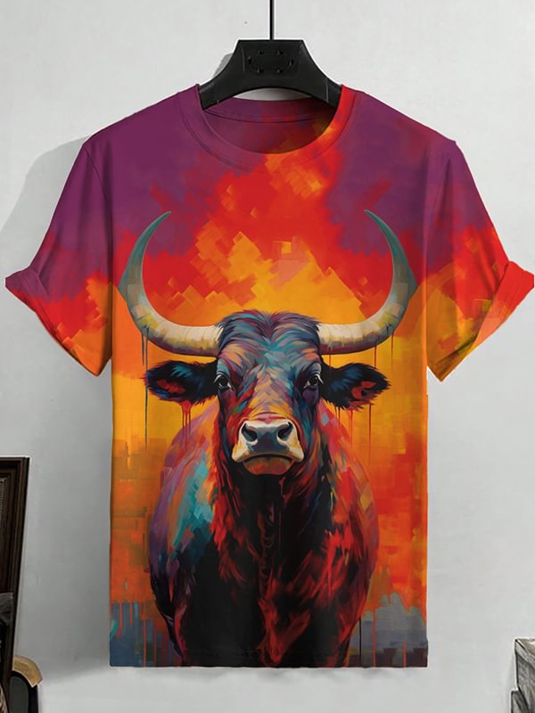 Men's Mighty Bull Watercolour Art Print Casual T-Shirt