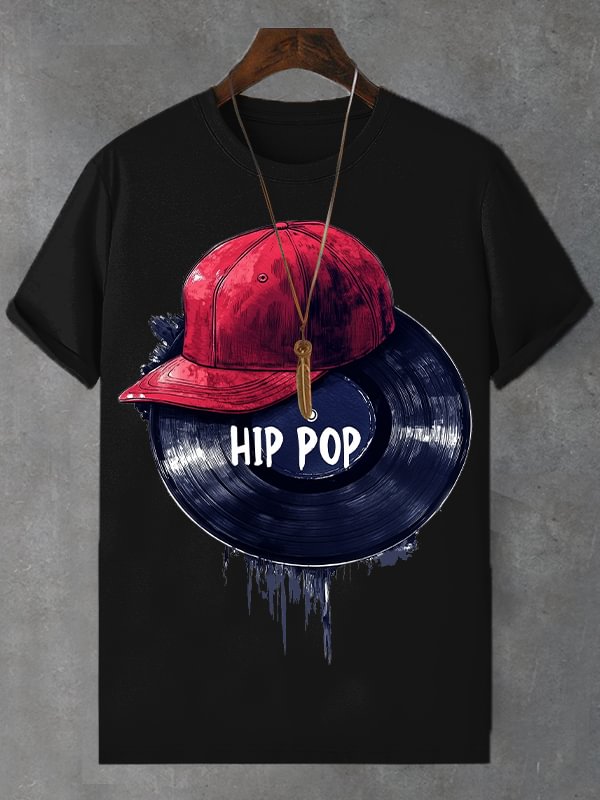 Men's Hip Pop Record Hat Print Cotton Casual T-Shirt