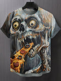 Men's Horrible Devil Skulls Eat Pizza Oil Painting Print T-Shirt