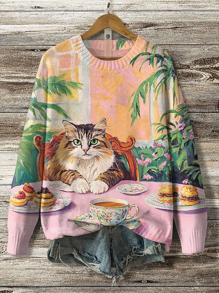 Women's Cat Afternoon Tea Time Botanical Oil Painting Print Knit Sweatshirt