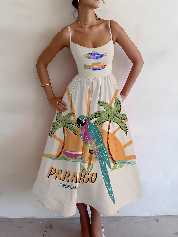 Women's Tropical Parrot Illustration Print Cami Midi Dress