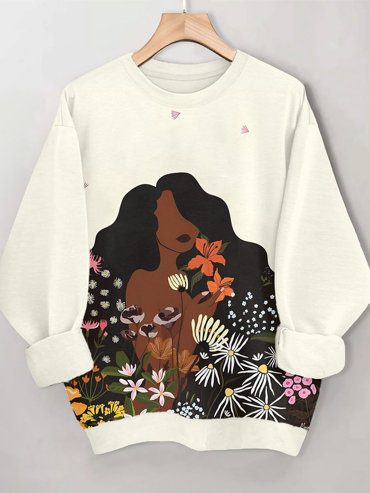 Women's Long Hair Black Woman And Flowers Art Print Casual Sweatshirt
