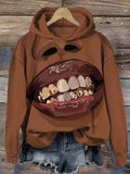 Women's Black Skin Golden Teeth Print Cozy Hoodie