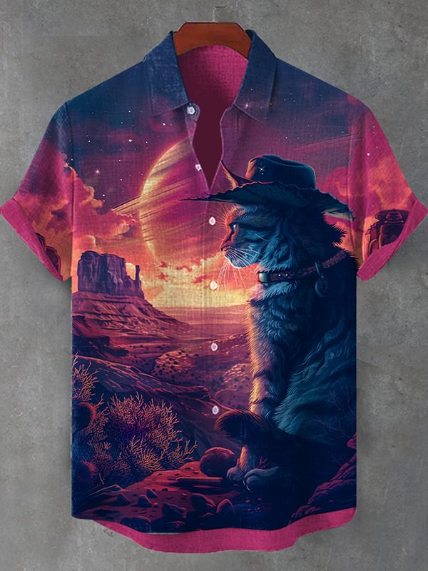 Men's Interstellar Cowboy Cat Retro Future Art Print Shirt