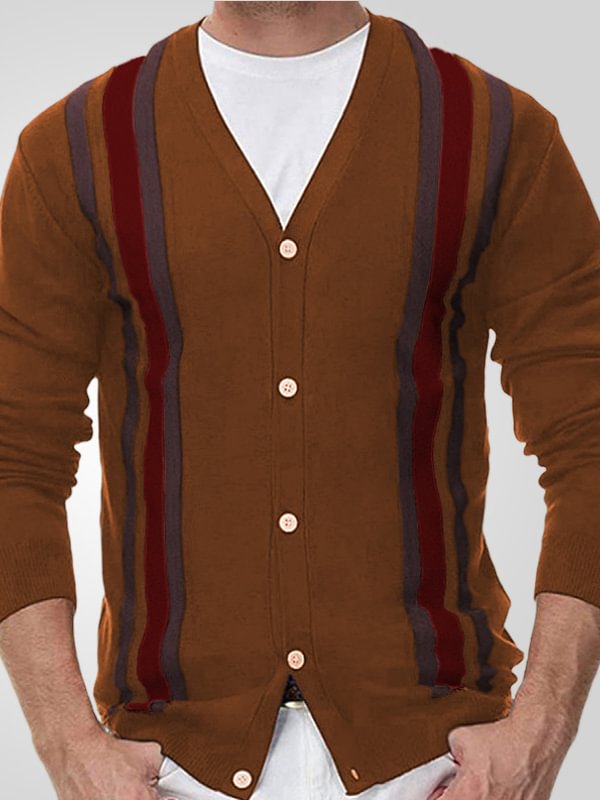 Men's Casual Striped Print Single Breasted V Neck Knit Cardigan