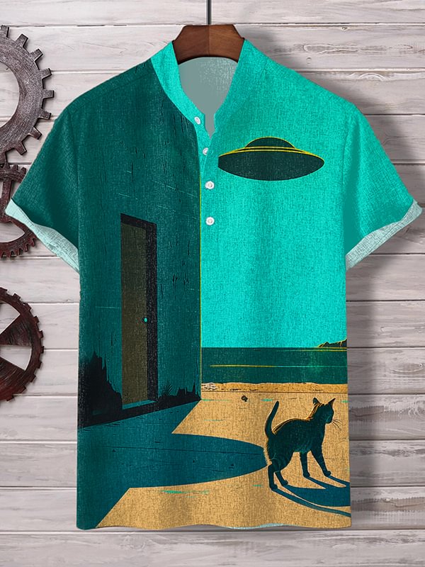 Men's Cat Travels Through Area 51 UFO Art Print Half Button Shirt