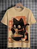 Men's Edo Period Ramen Noodles Art Japan Black Cat Print T-Shirt