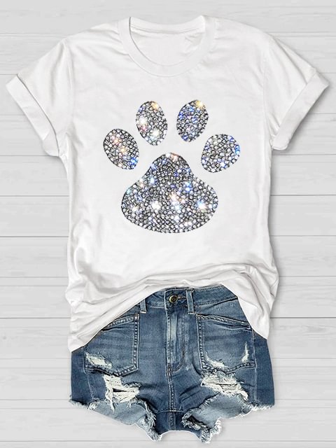 Women's Rhinestone Animal Dog Paw Print Casual T-Shirt