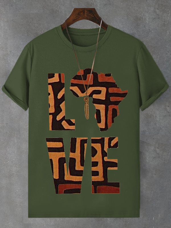 Men's African Tribal Ethnic Map Love Art Print Cotton T-Shirt