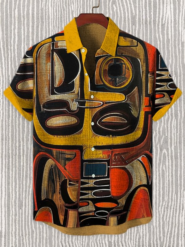 Men's African Portrait Abstract Art Print Linen Blend Shirt