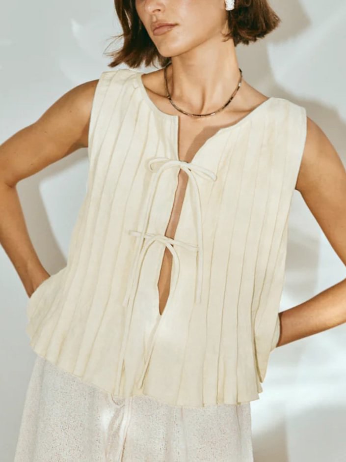 Women's Solid Pleated Lace-up Cotton And Linen Sleeveless Shirt