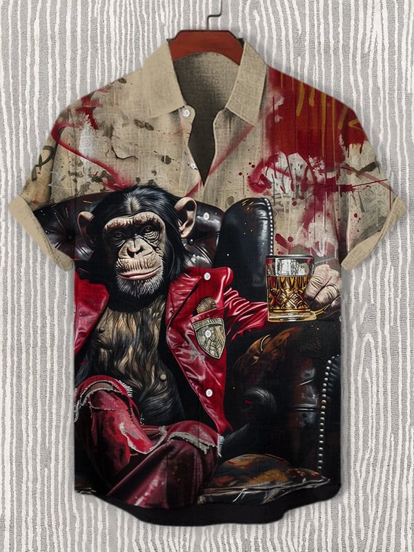 Men's Monkey In Leather Jacket Drinking Whiskey Art Print Casual Shirt