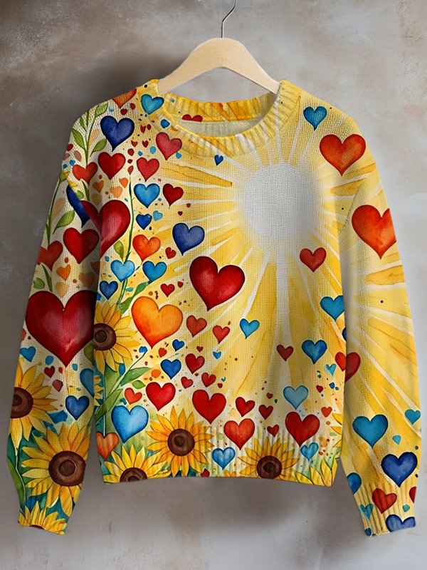 Women's Valentine's Day Sunshine Sunflowers and Love Print Knit Sweatshirt
