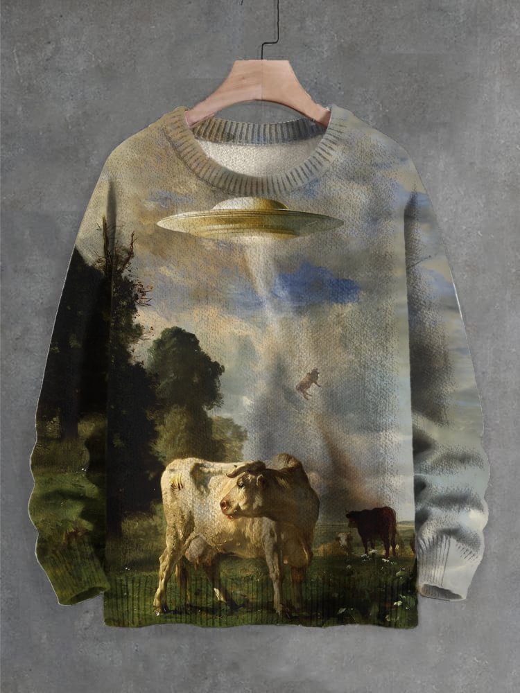 Men's UFO Takes Cow Away Futuristic Sci-Fi Art Print Knit Sweatshirt