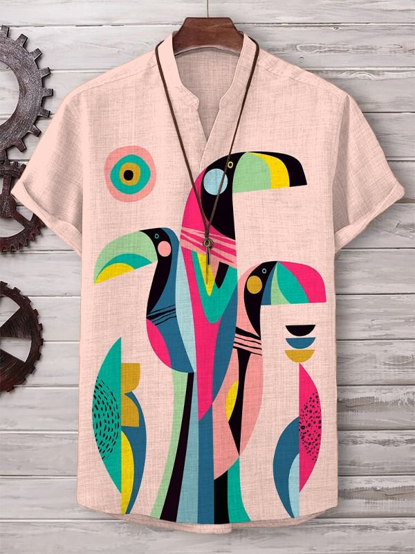 Men's Tropical Toucan Abstract Print Short Sleeve V Neck T-Shirt