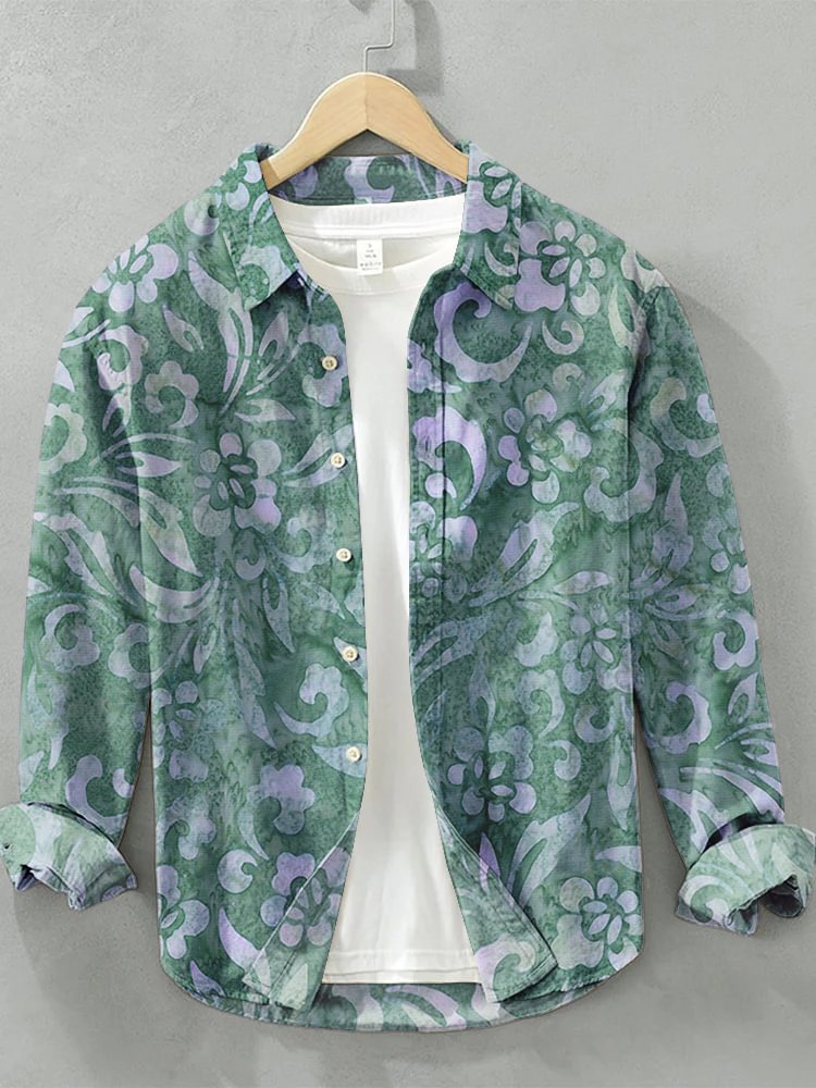 Men's Batik Floral Art Print Long Sleeve Shirt