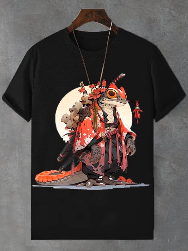 Men's Japanese Frog Warrior Art Print Cotton Casual T-Shirt