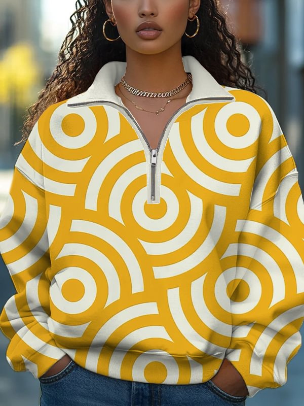 Women's Circular Abstract Geometric Pattern Print Half Zip Sweatshirt