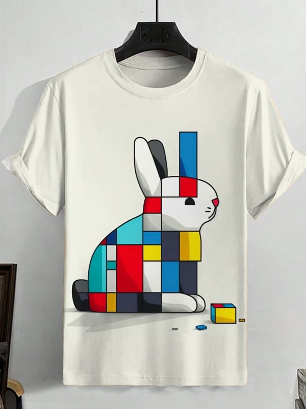 Men's Color Block Rabbit Art Print Cotton Casual T-Shirt