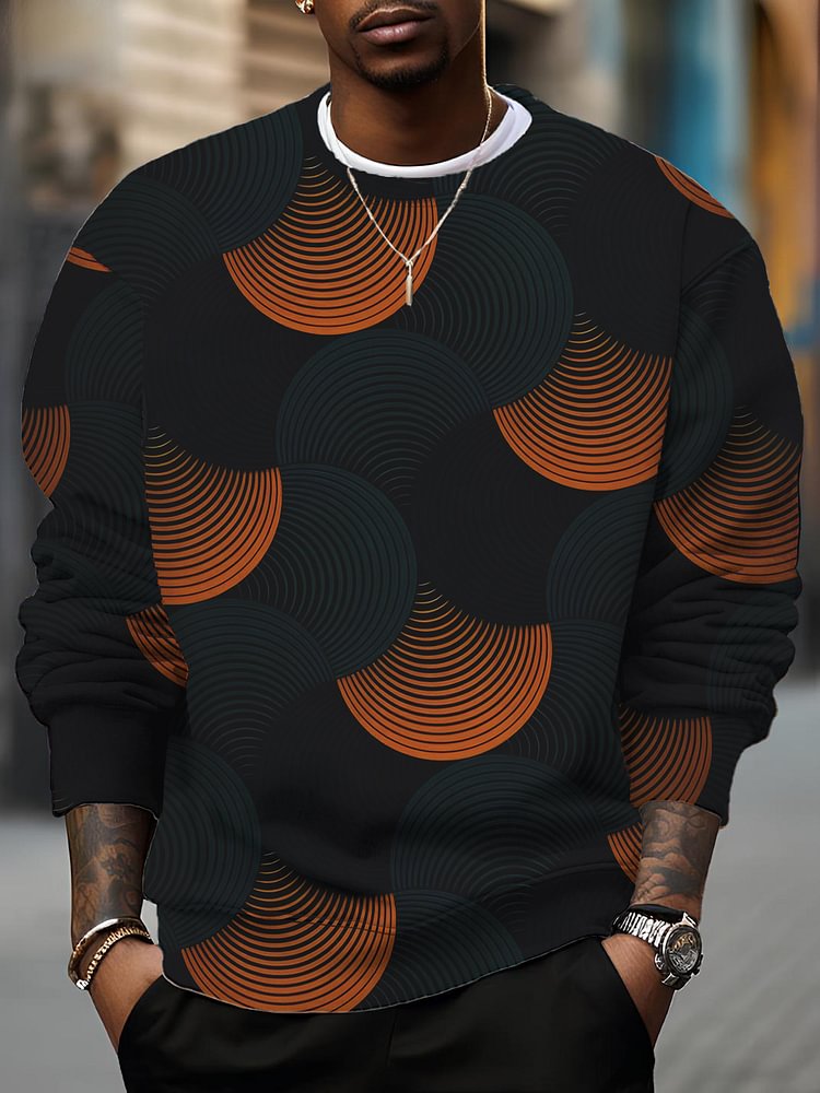 Men's Geometric Lines Combined Fan-Shaped Pattern Print Casual Sweatshirt