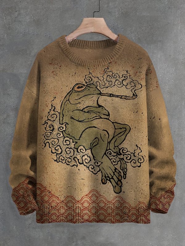 Men's Japanese Retro Smoking Frog Art Painting Print Knit Sweatshirt