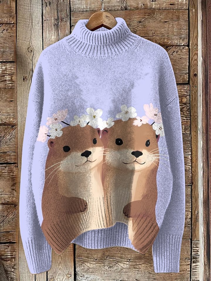 Women's Cute Otter Art Print High Neck Knit Sweatshirt