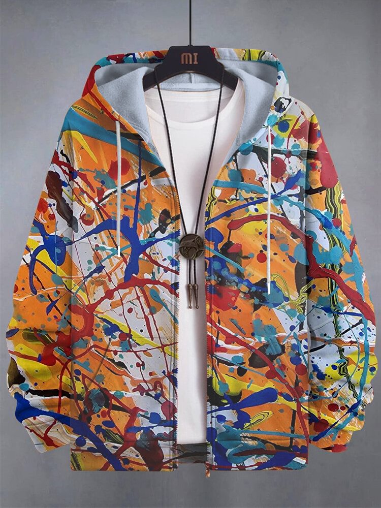 Men's Interesting Art Painting Abstract Print Hooded Zip Up Jacket