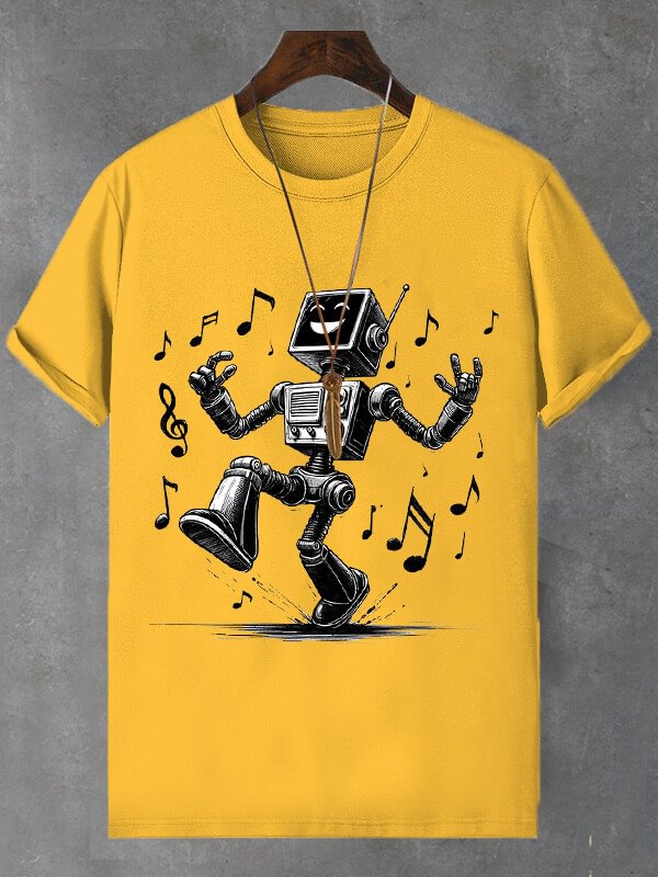 Men's Happy Singing Robot Print Cotton Casual T-Shirt