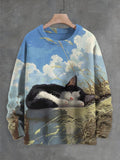 Men's Bicolor Cat Sleeping Art Print Knit Sweatshirt
