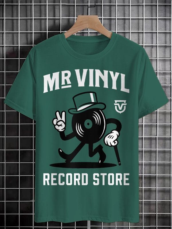 Men's Mr Vinyl Record Store Print Cotton Casual T-Shirt