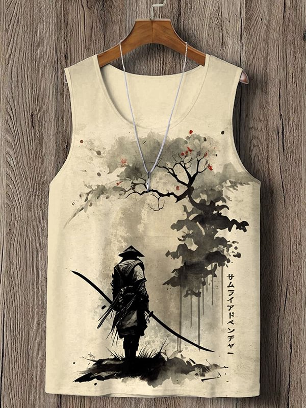 Men's Japanese Samurai Ink Painting Art Print Casual Tank Top
