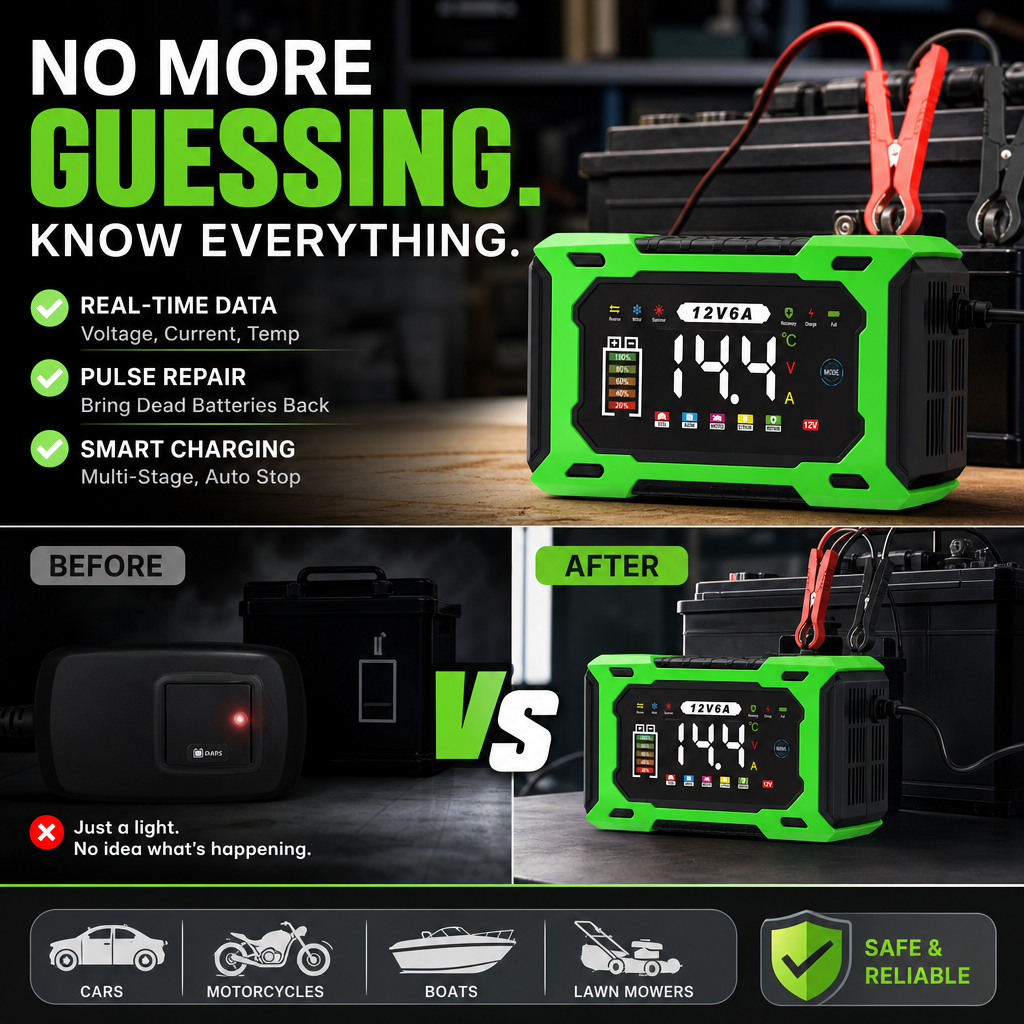 ⏳⏰12V 6A Smart Car Battery Charger – Pulse Repair Technology, Auto Maintain & Desulfation