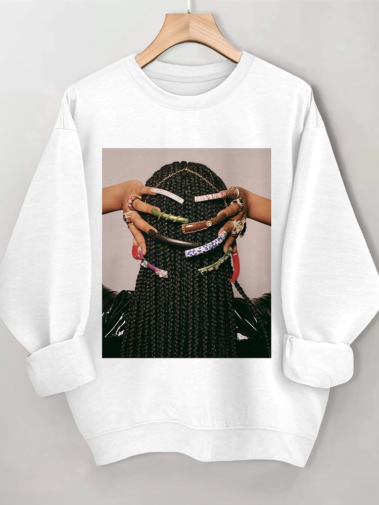 Women's Beautiful Braids And Nails Print Cotton Long Sleeve T-Shirt Thin Sweatshirt