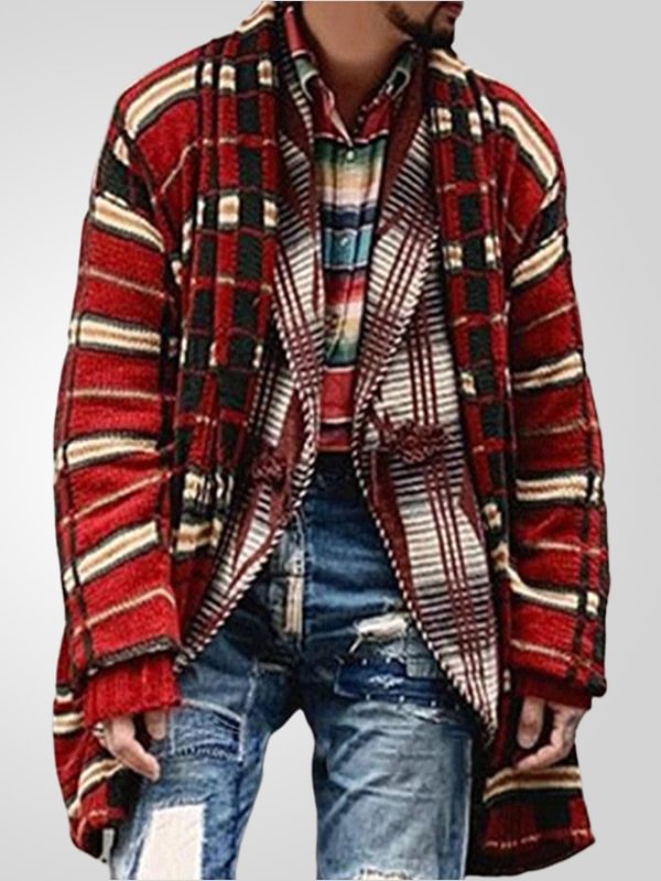 Men's Plaid Print Open Front Mid-Length Knit Cardigan