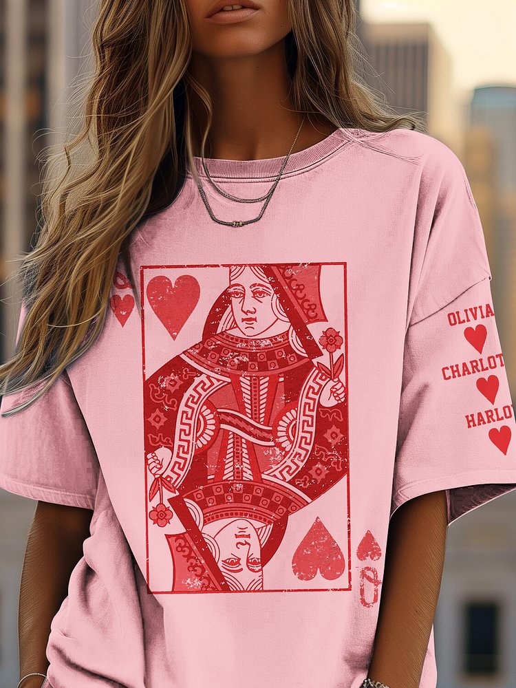 Women's Queen of Hearts Playing Card Print Cotton Casual T-Shirt
