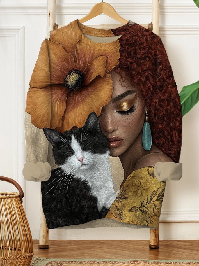 Women's Bicolor Cat And Fashion Woman Art Print Casual Sweatshirt